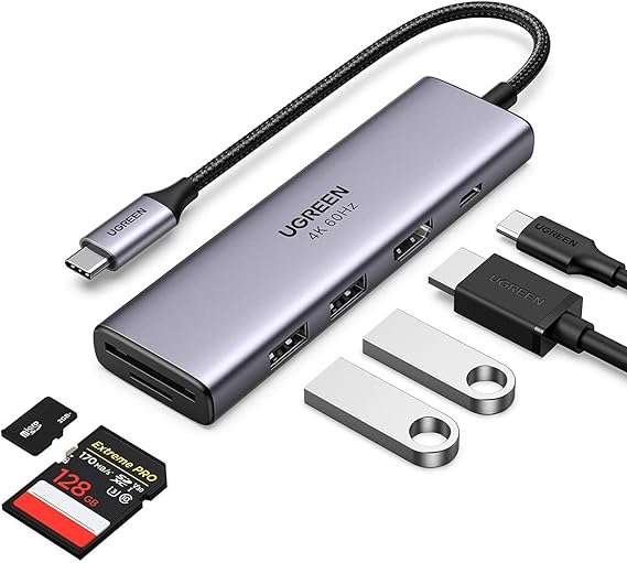 UGREEN Hub USB C, Adaptador USB C Hub HDMI 4K 60Hz, USB 3.0 2 Puertos, Lector Tarjetas SD TF, USB C 100W Compatible con Macbook Air M1 M2 Macbook Pro 2023, XPS 13, iPad Pro 2022, Steam Deck,Galaxy S23